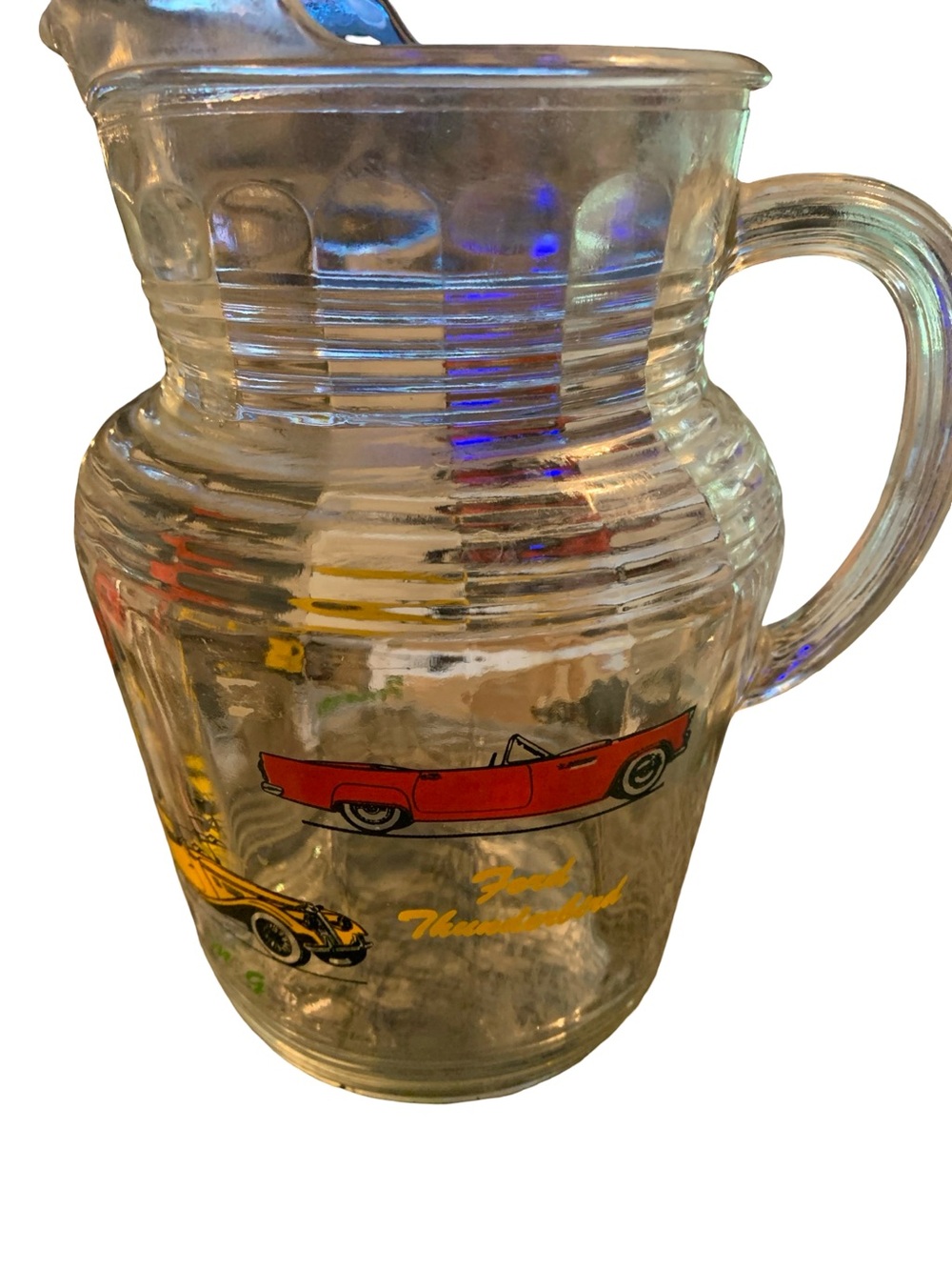 Vintage Hazel Atlas 9” Antique Cars Ribbed Pitcher With Ice‎ Lip